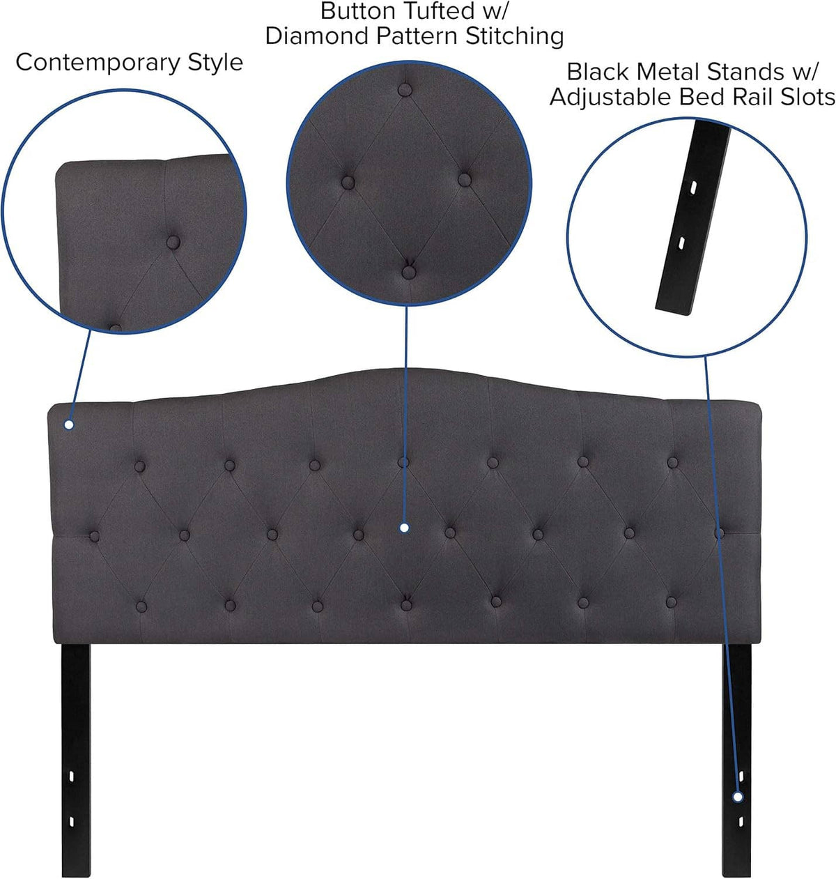 Dark gray tufted headboard with button-and-diamond stitching and black metal rails