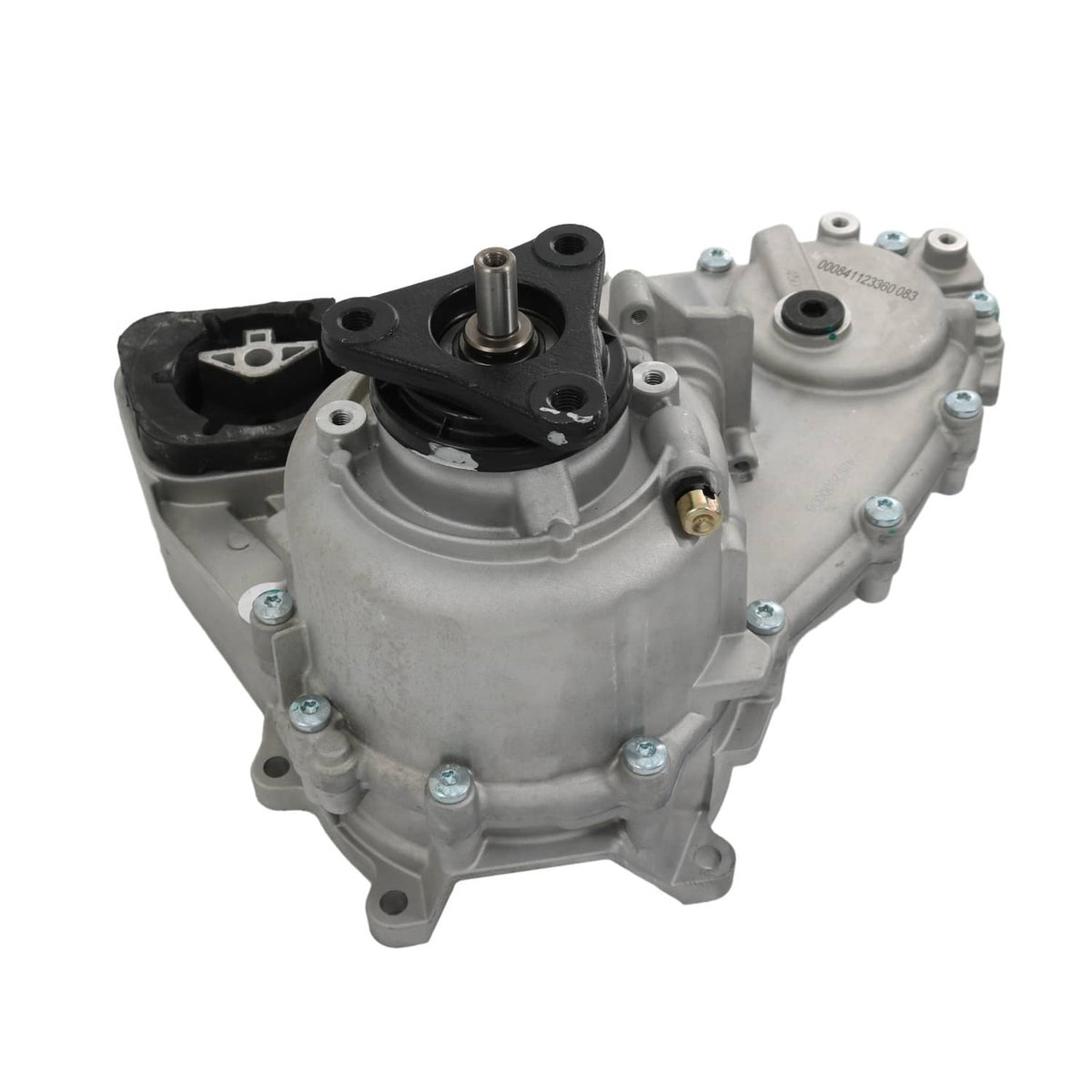 Transfer case assembly viewed from side, gray body with black mount blocks