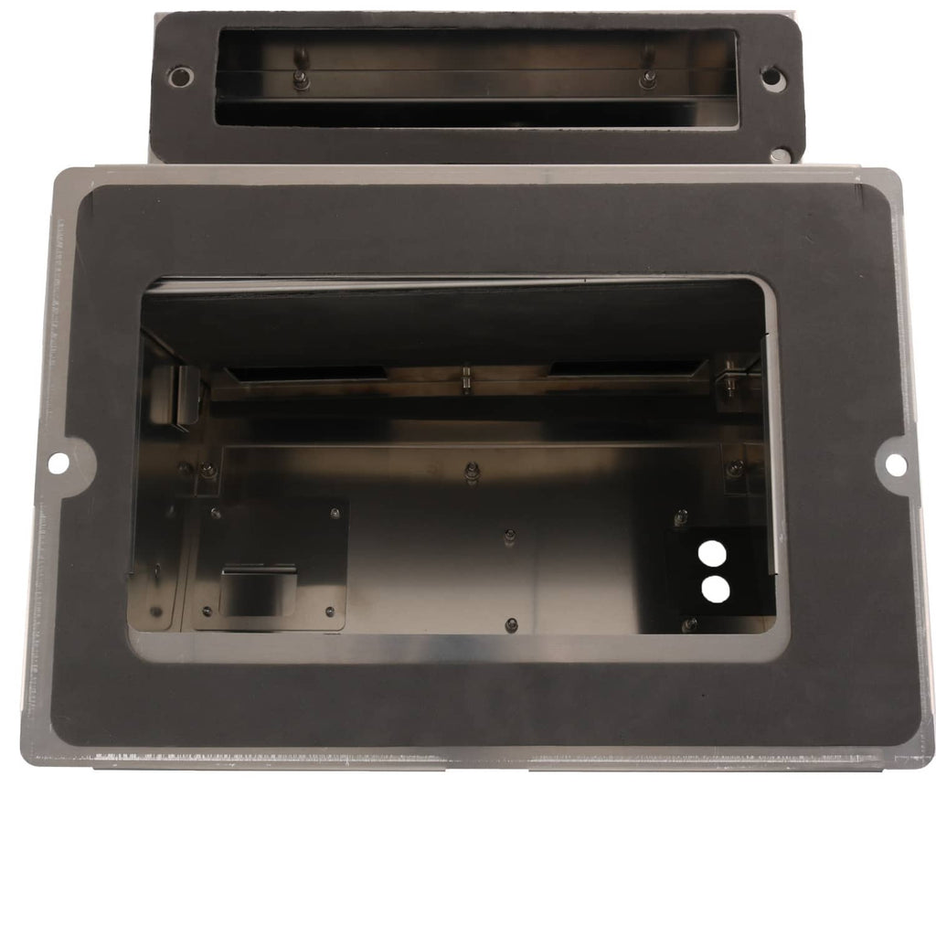 Heater box kit front cavity with internal brackets and ports, black and silver aluminum