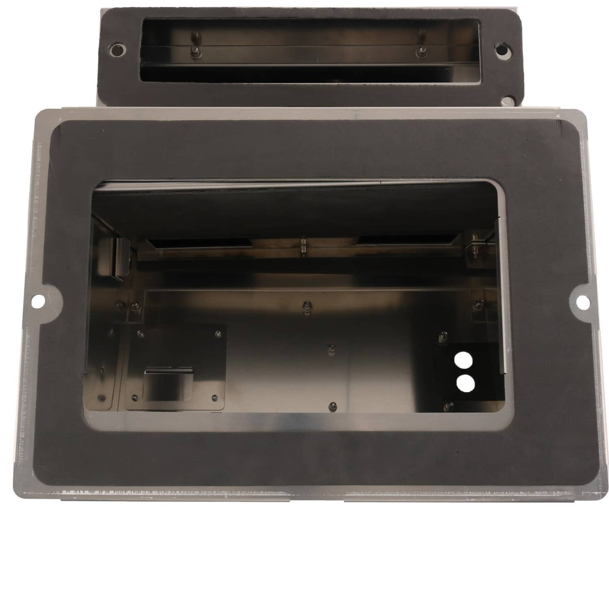 Heater box kit front cavity with internal brackets and ports, black and silver aluminum