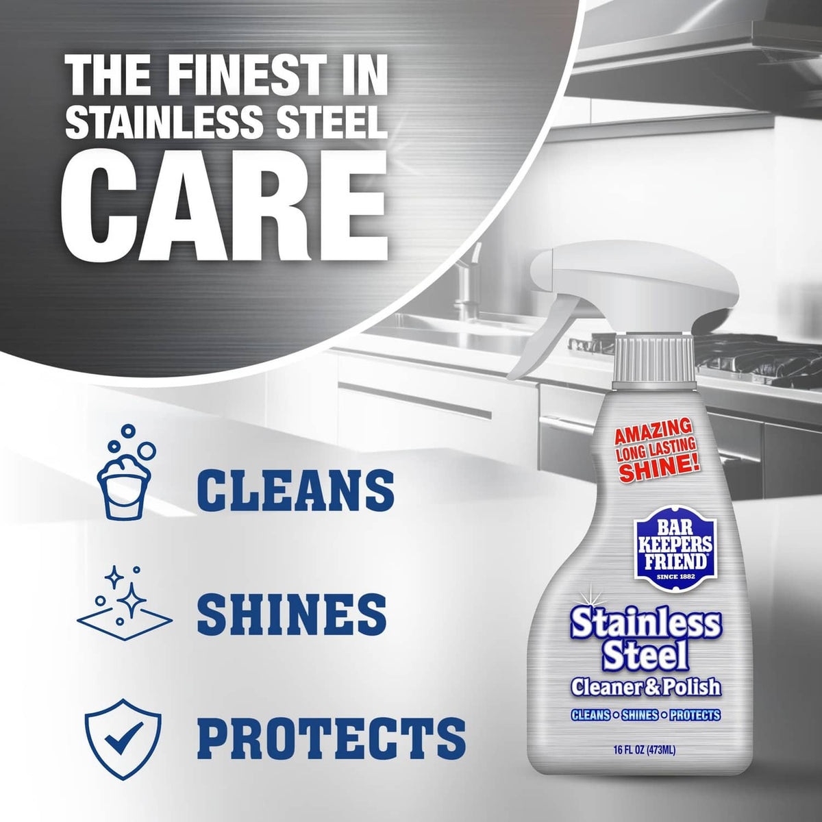 Stainless steel cleaner spray bottle with “The finest in stainless steel care” text
