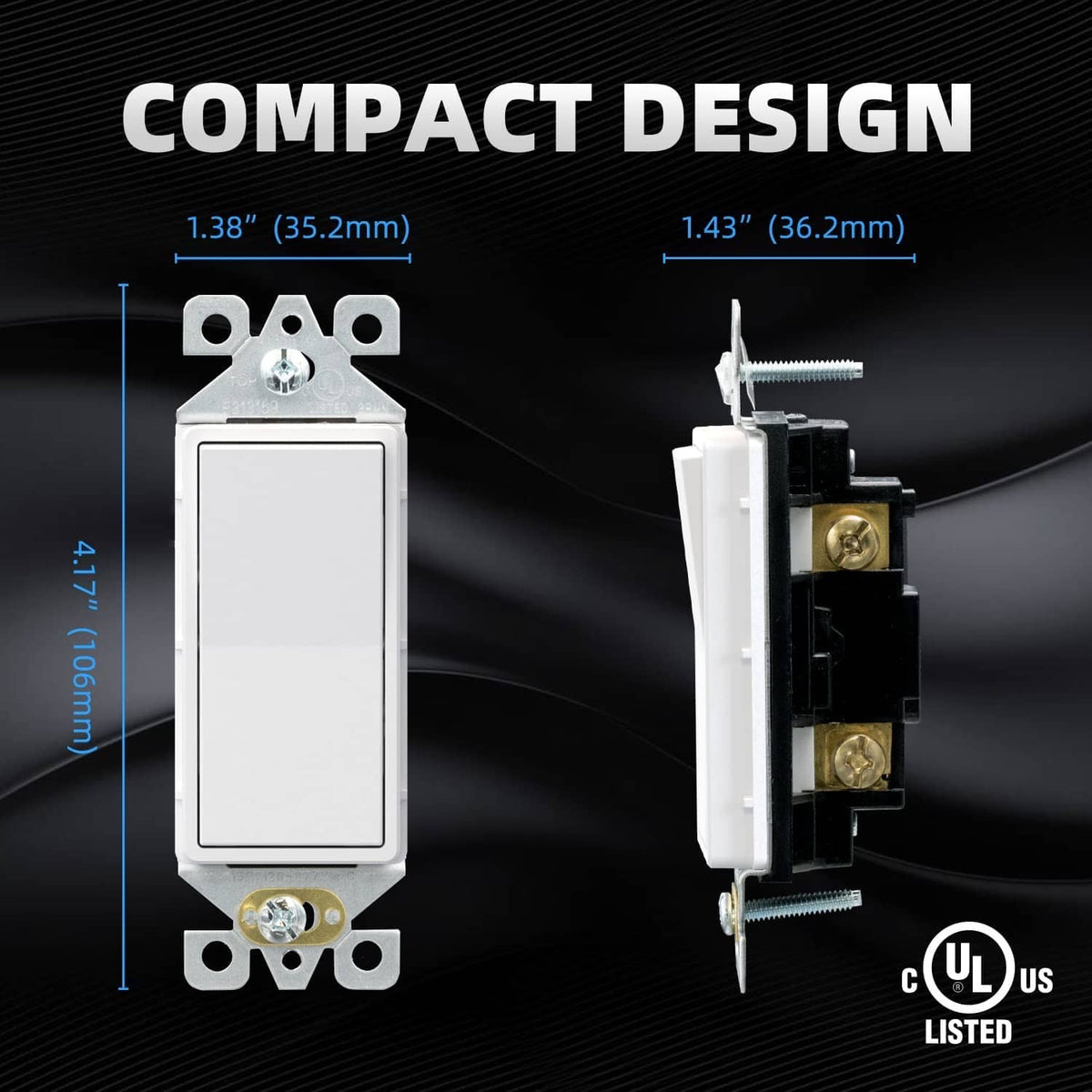 Compact matte white single-pole wall switch with side terminals and mounting screws