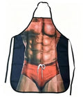 Muscle-man print novelty kitchen apron with black ties, red boxer trunks graphic