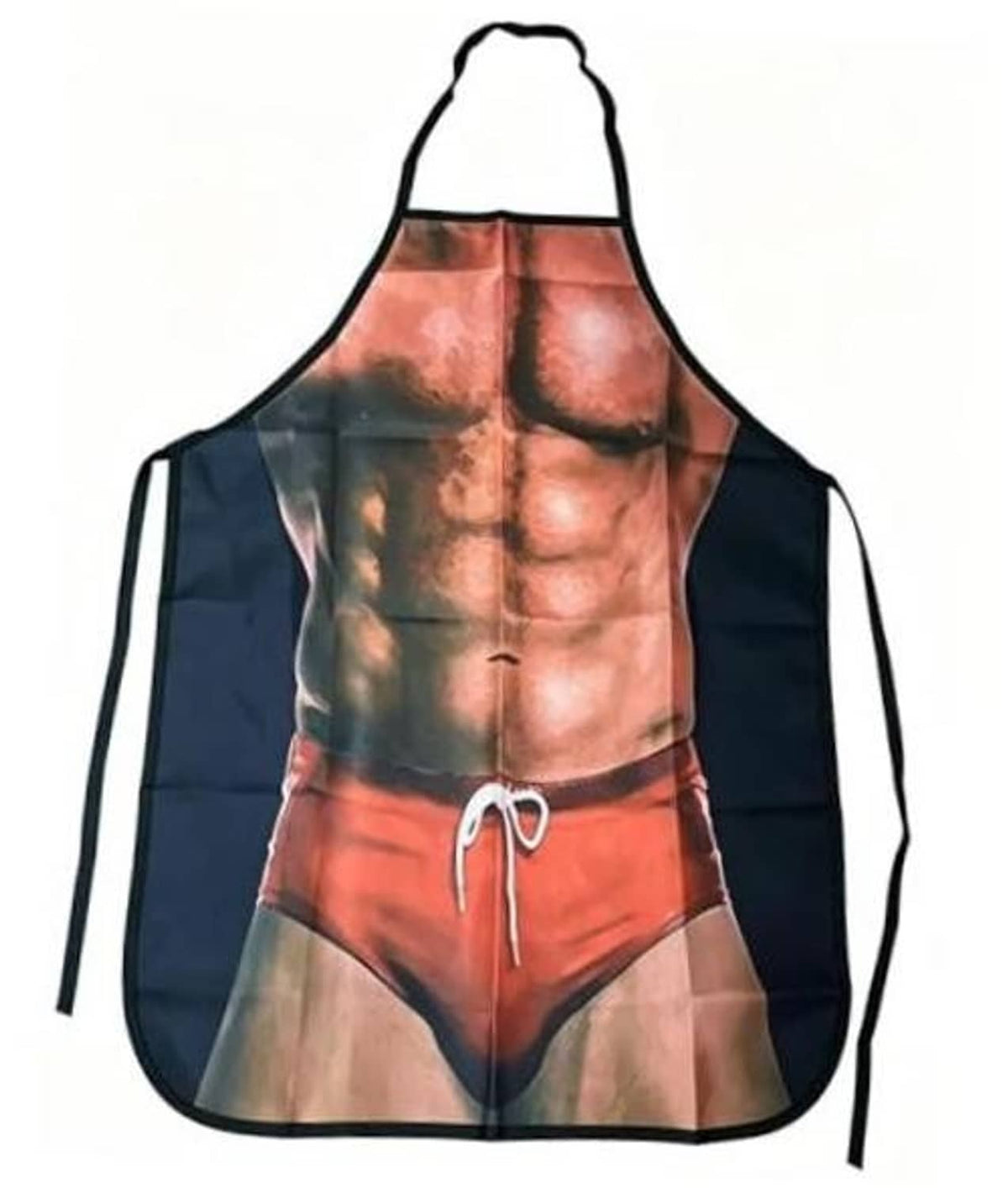 Muscle-man print novelty kitchen apron with black ties, red boxer trunks graphic
