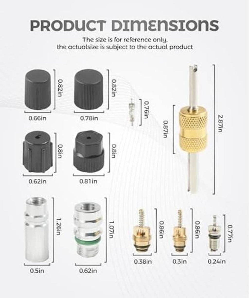 AC Schrader valve kit size diagram with black caps, metal cores, and stem tool