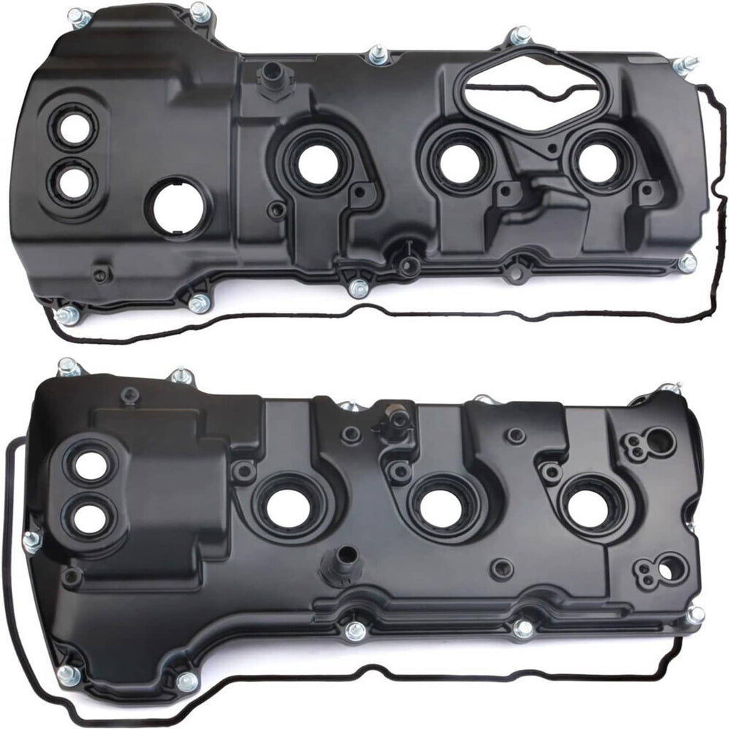 Pair of black engine valve covers with bolt holes and circular ports