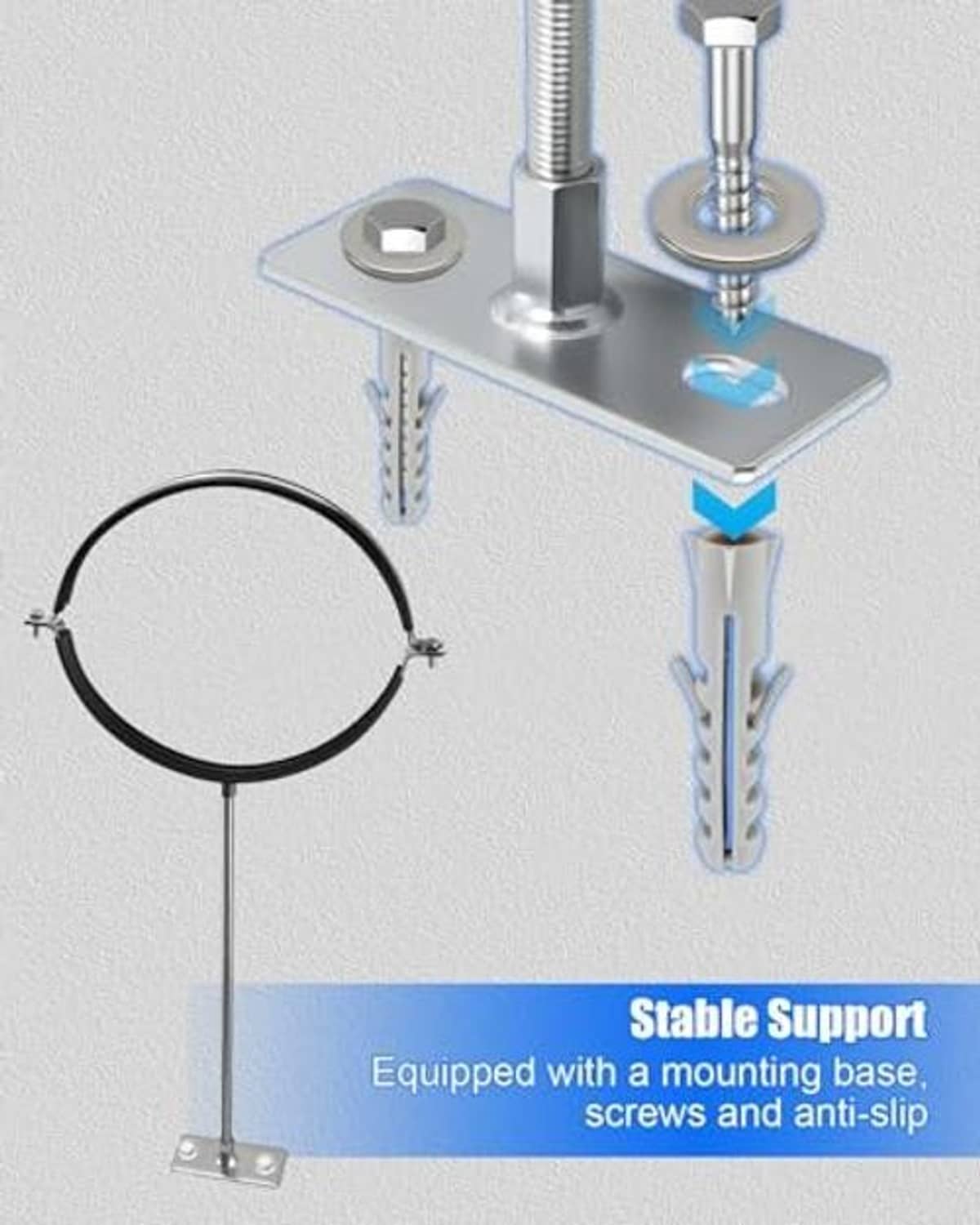 Adjustable pipe bracket assembly with mounting base, anti-slip pads, and support screws