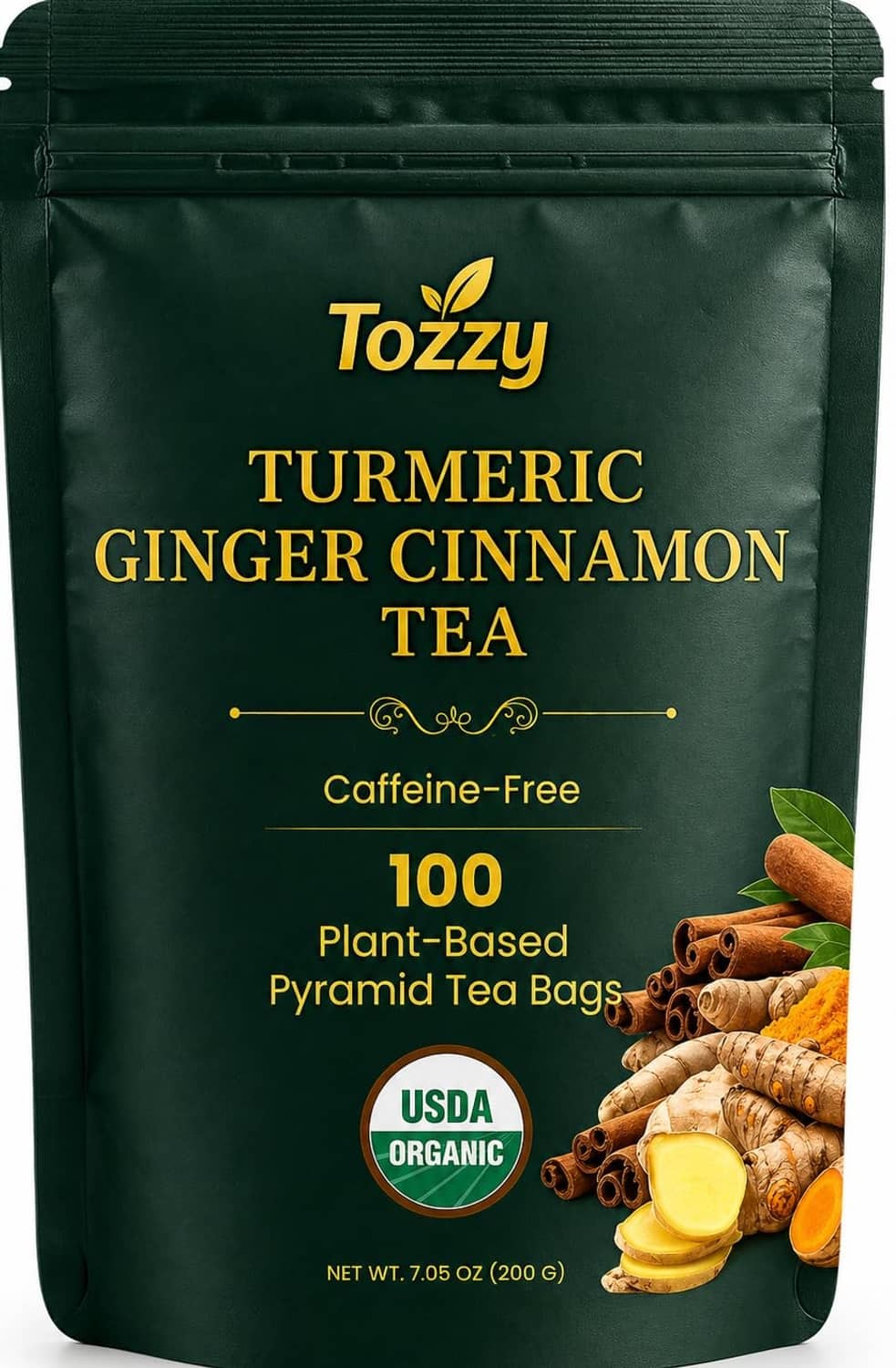 Turmeric ginger cinnamon tea pouch, Tozzy; USDA organic; 100 plant-based pyramid bags
