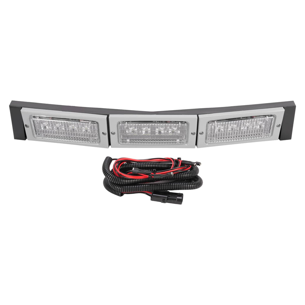 LED light bar with three rectangular lamps and black/red wiring harness