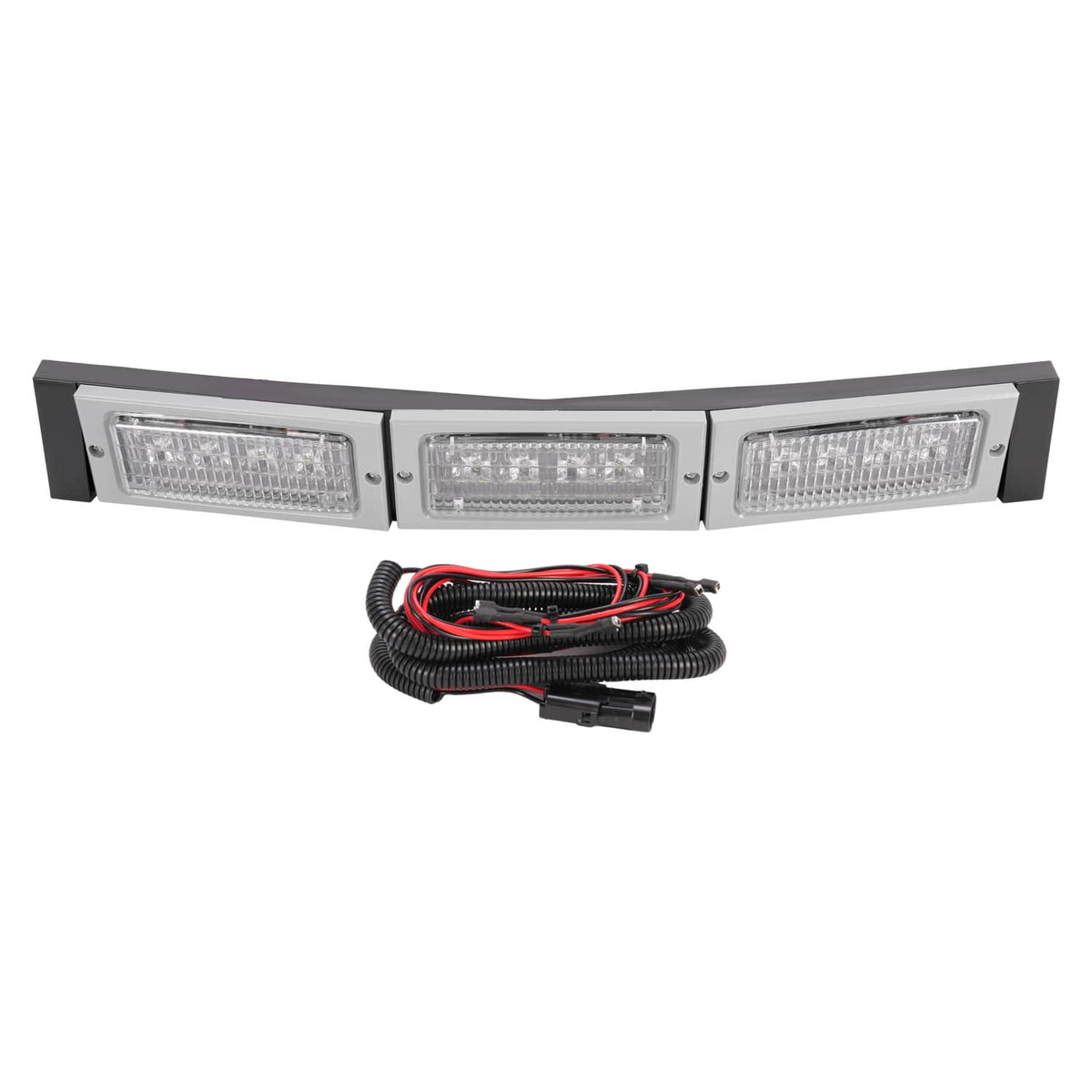 LED light bar with three rectangular lamps and black/red wiring harness
