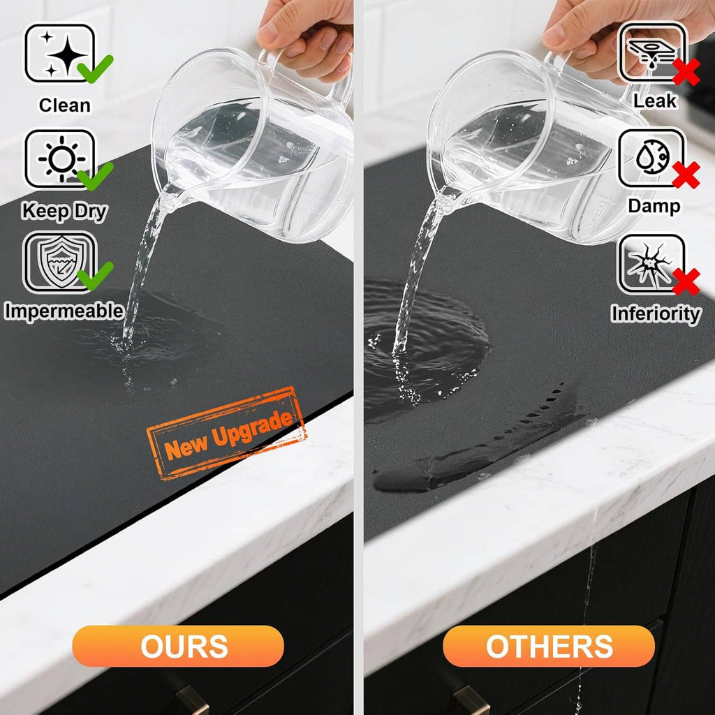Black waterproof countertop mat receiving a stream of water, showing spread on top