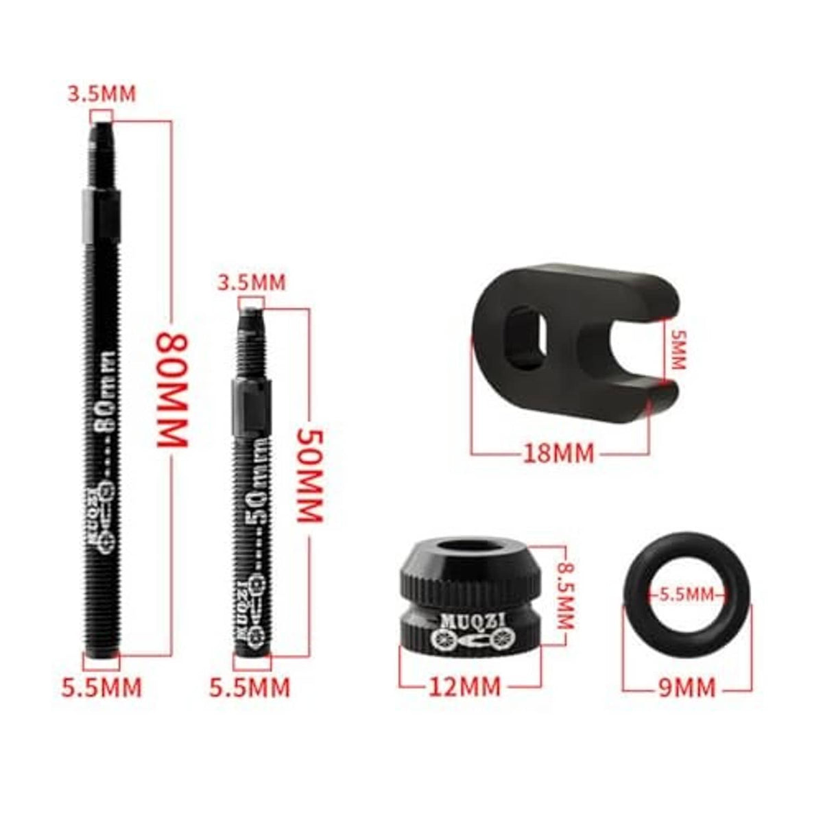 Black tubeless valve extension with adapter bracket and size guide markings