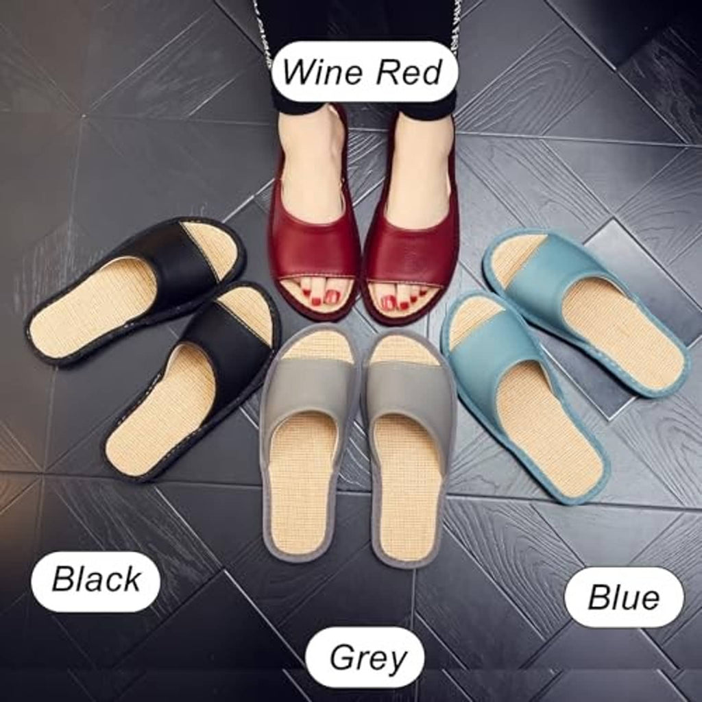 Set of house slippers in black, blue, grey, and wine red with beige woven insoles.