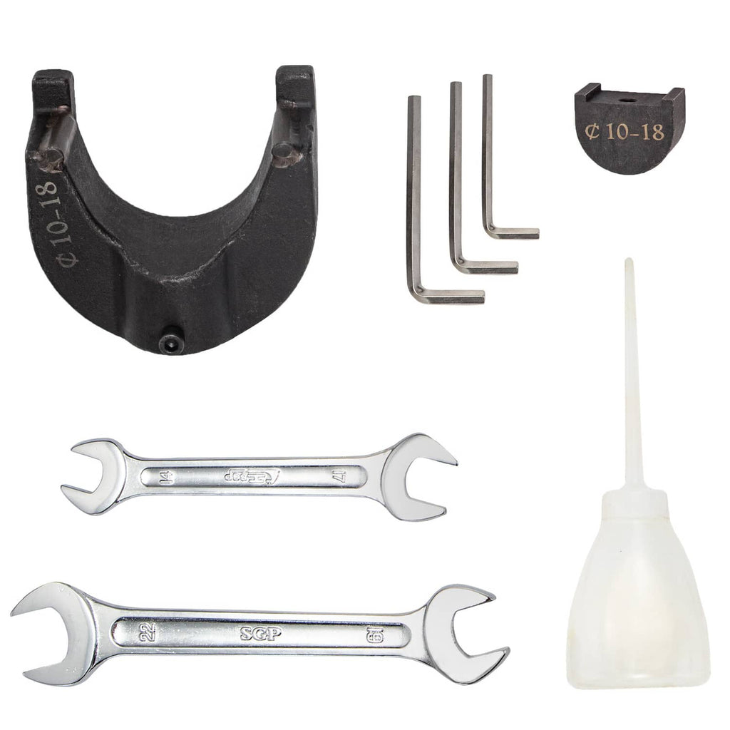 Rebar bender accessories: black bending die, L wrench set, and oiling squeeze bottle