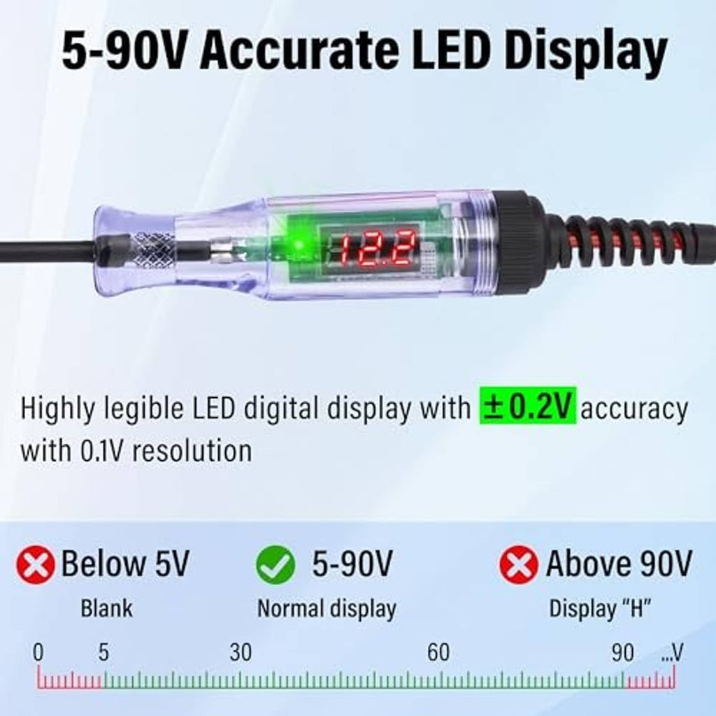DC test light with clear probe and LED voltmeter display reading 12.8V