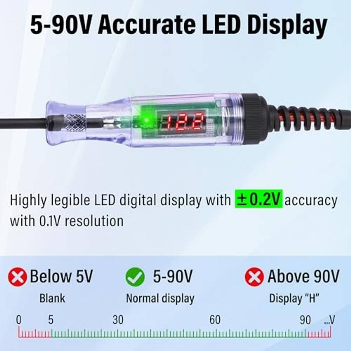DC test light with clear probe and LED voltmeter display reading 12.8V