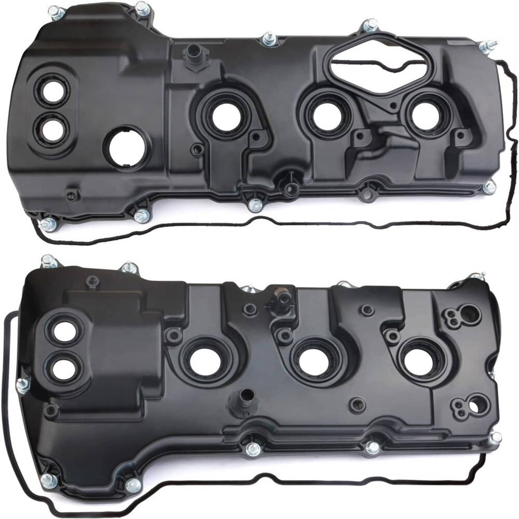 Pair of black engine valve covers with circular ports and mounting bolt holes.