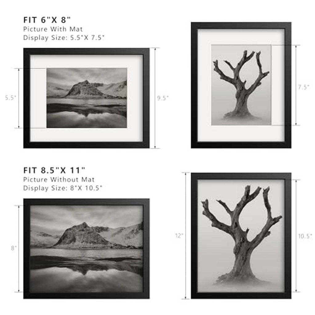 Black picture frame with mat fits 6x8; without mat fits 8.5x11.