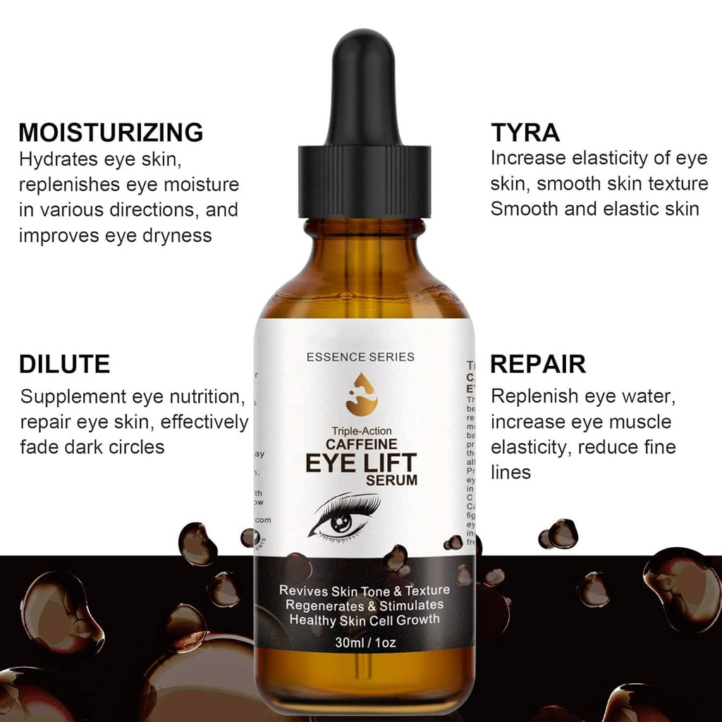 Caffeine eye serum bottle with black dropper, amber glass, product-focused front view