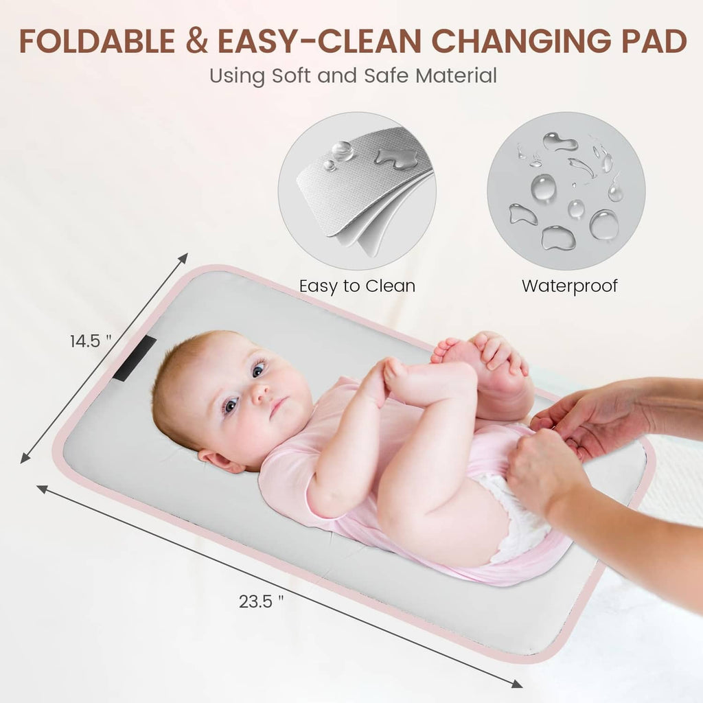 Foldable changing pad with waterproof surface and soft wipe-clean fabric