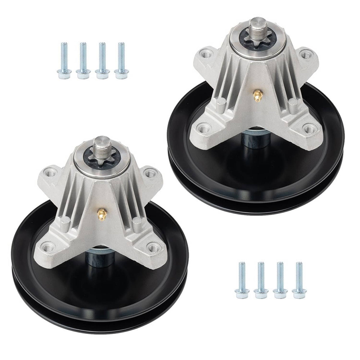 Pair of deck spindle assemblies, black pulleys, silver housings, plus bolt set