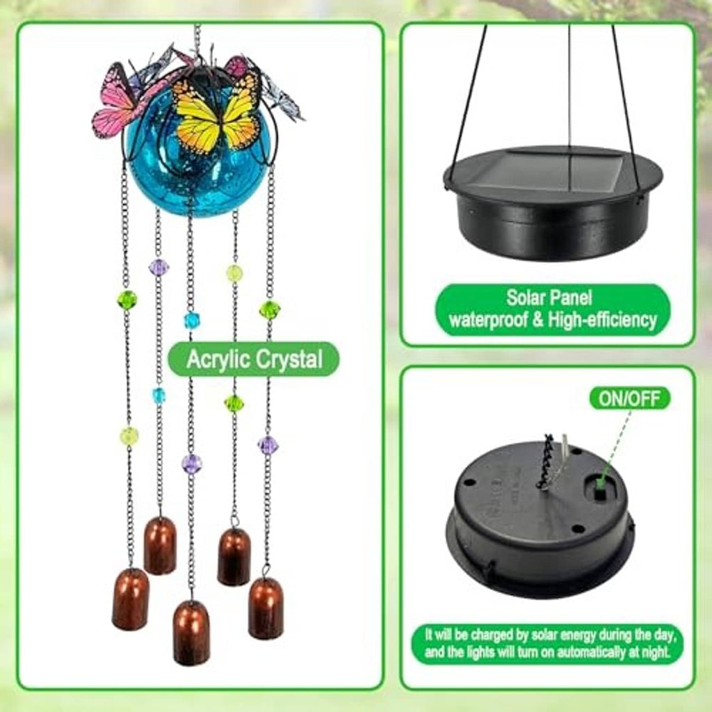 Butterfly wind chime solar light with blue orb, bead chains, copper bells, and black solar panel