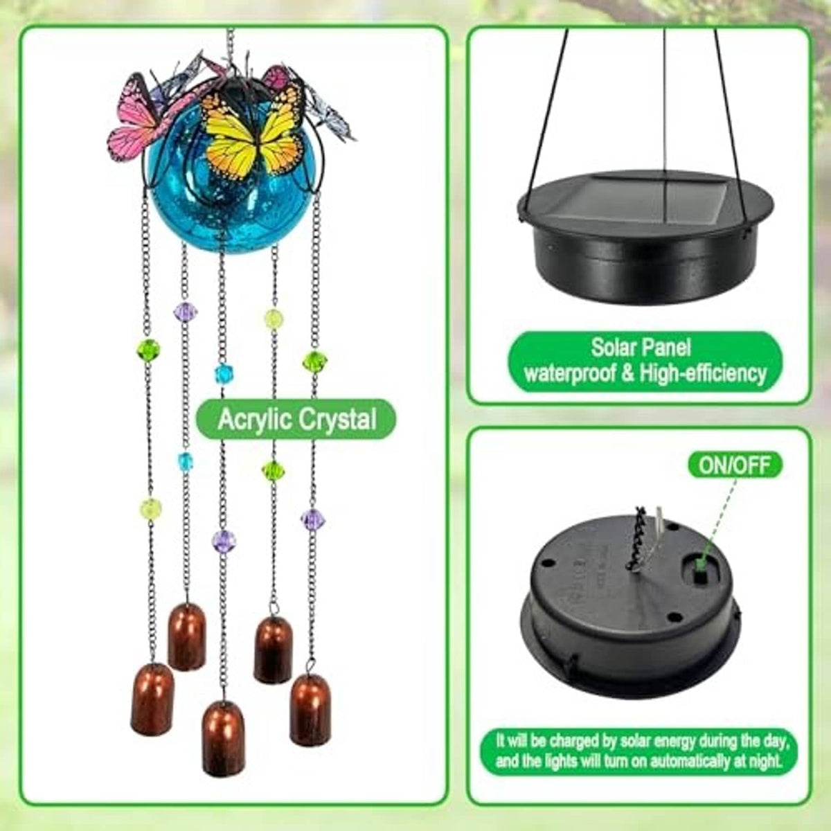 Butterfly wind chime solar light with blue orb, bead chains, copper bells, and black solar panel