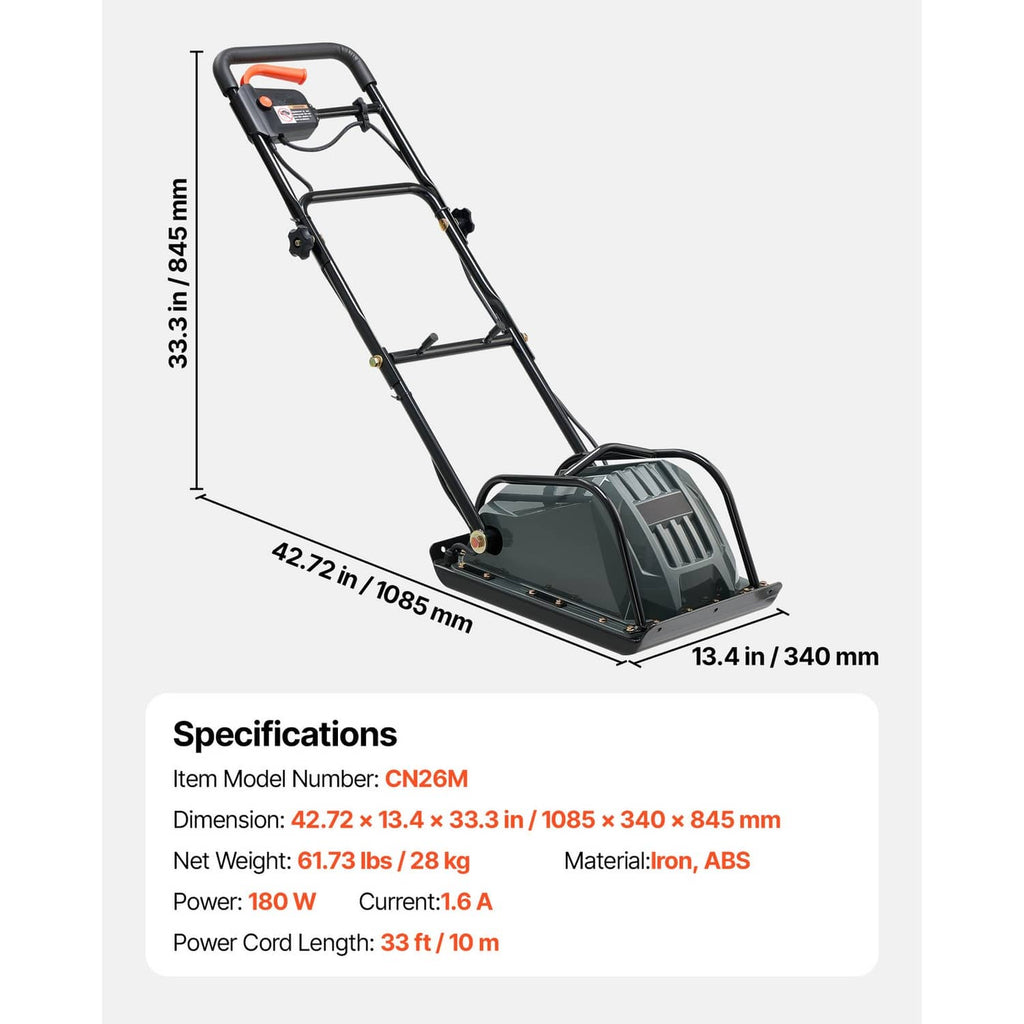 Electric plate compactor with 13.4 in plate, folding handle, dark body, orange accents