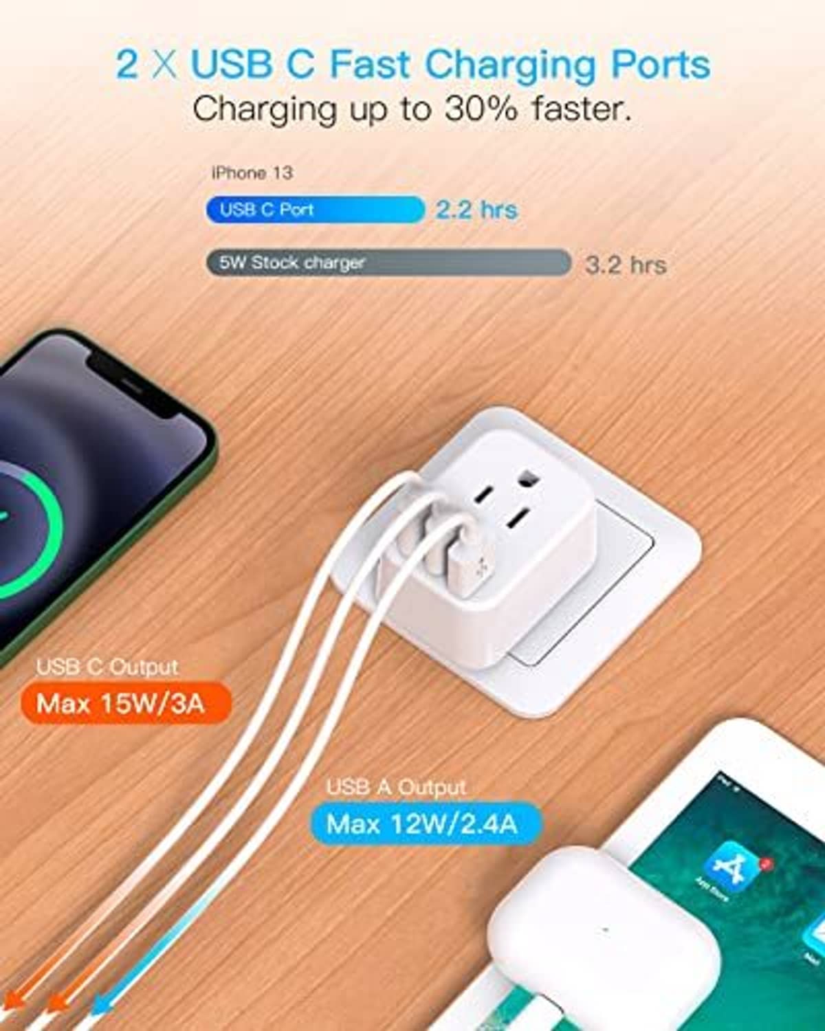 Compact white adapter with USB-C and USB-A ports on a tabletop beside devices