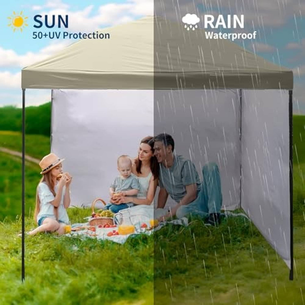 Beige waterproof, UV-protective canopy replacement top with rain-splash overlay