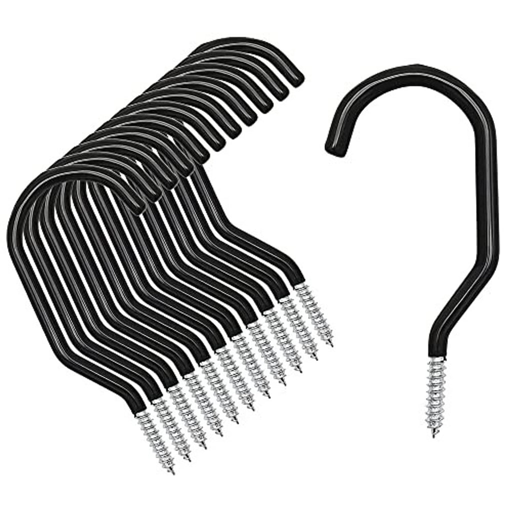 Black bike wall storage hook set with silver mounting screws, curved steel design