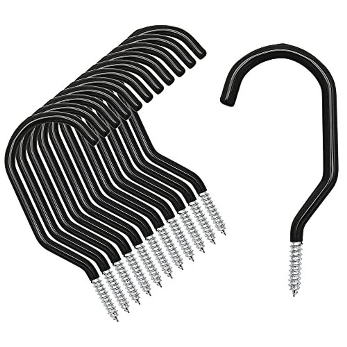 Black bike wall storage hook set with silver mounting screws, curved steel design