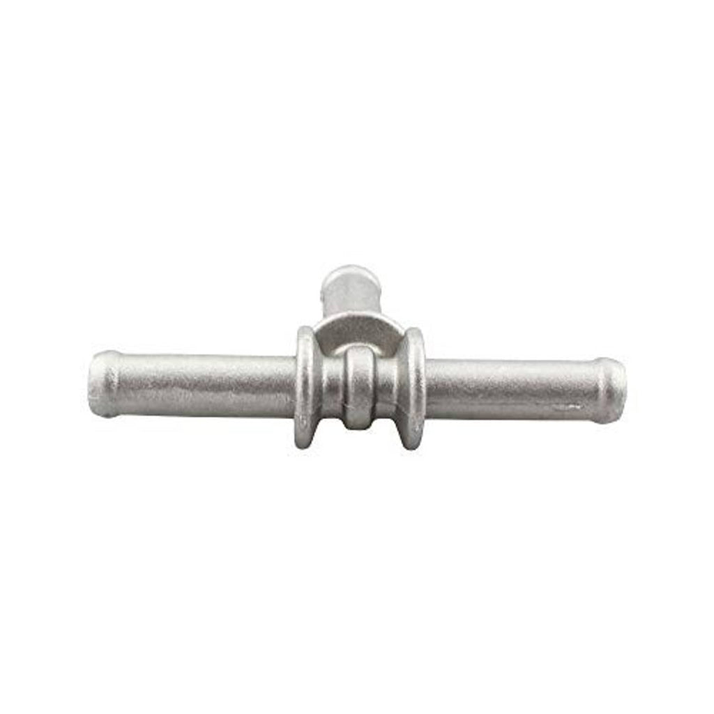 Aluminum coolant hose T-fitting coupler, straight view of three-barb connector body