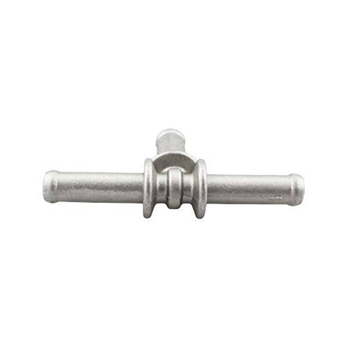 Aluminum coolant hose T-fitting coupler, straight view of three-barb connector body