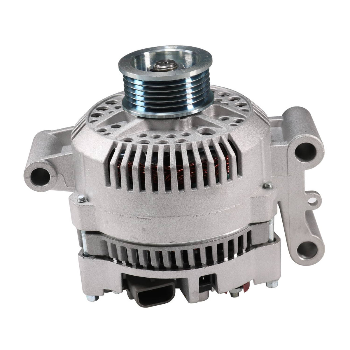 Silver alternator with ribbed belt pulley and vented front face, close view