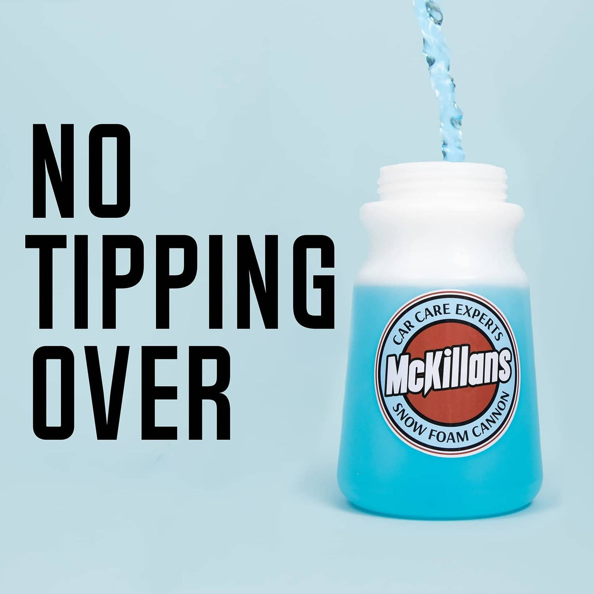 Blue and white foam cannon bottle with secure pouring cap to prevent tipping