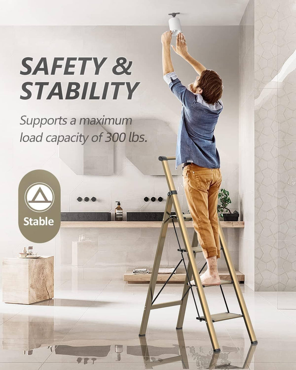 4-step folding step ladder stool with top handgrip, supporting a person reaching overhead