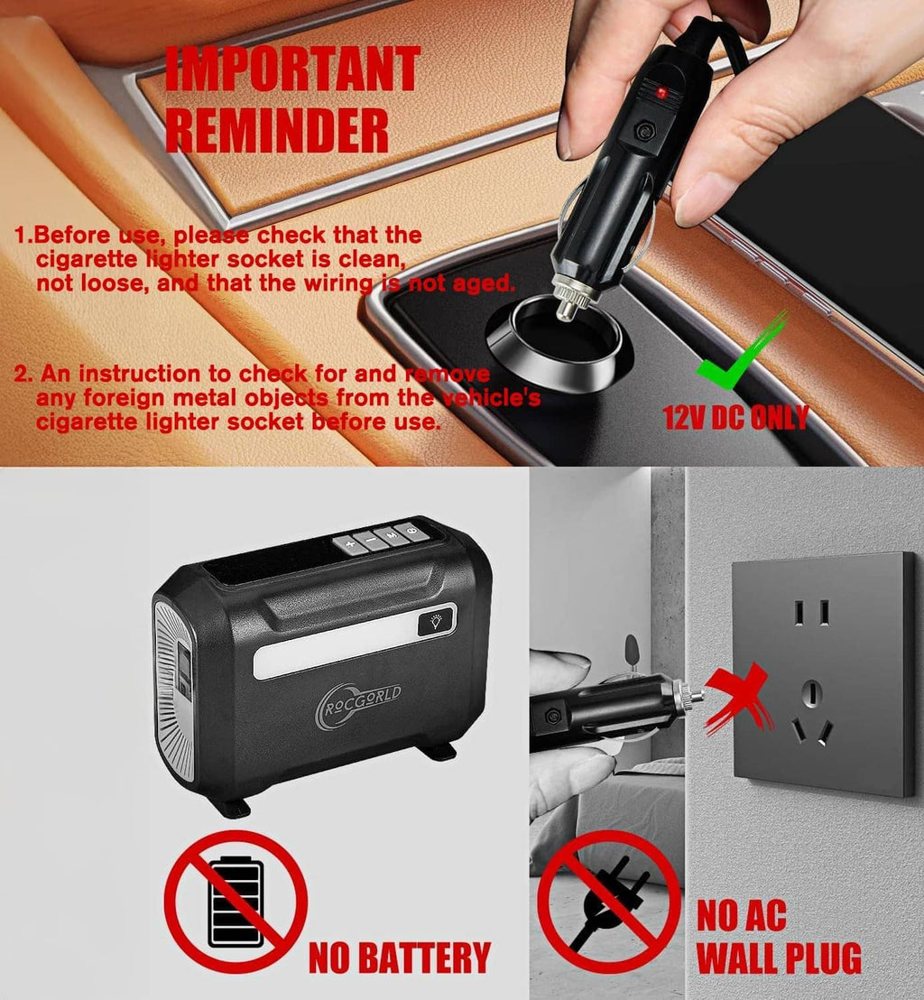 Portable 12V tire inflator connected to a car 12V cigarette lighter socket.