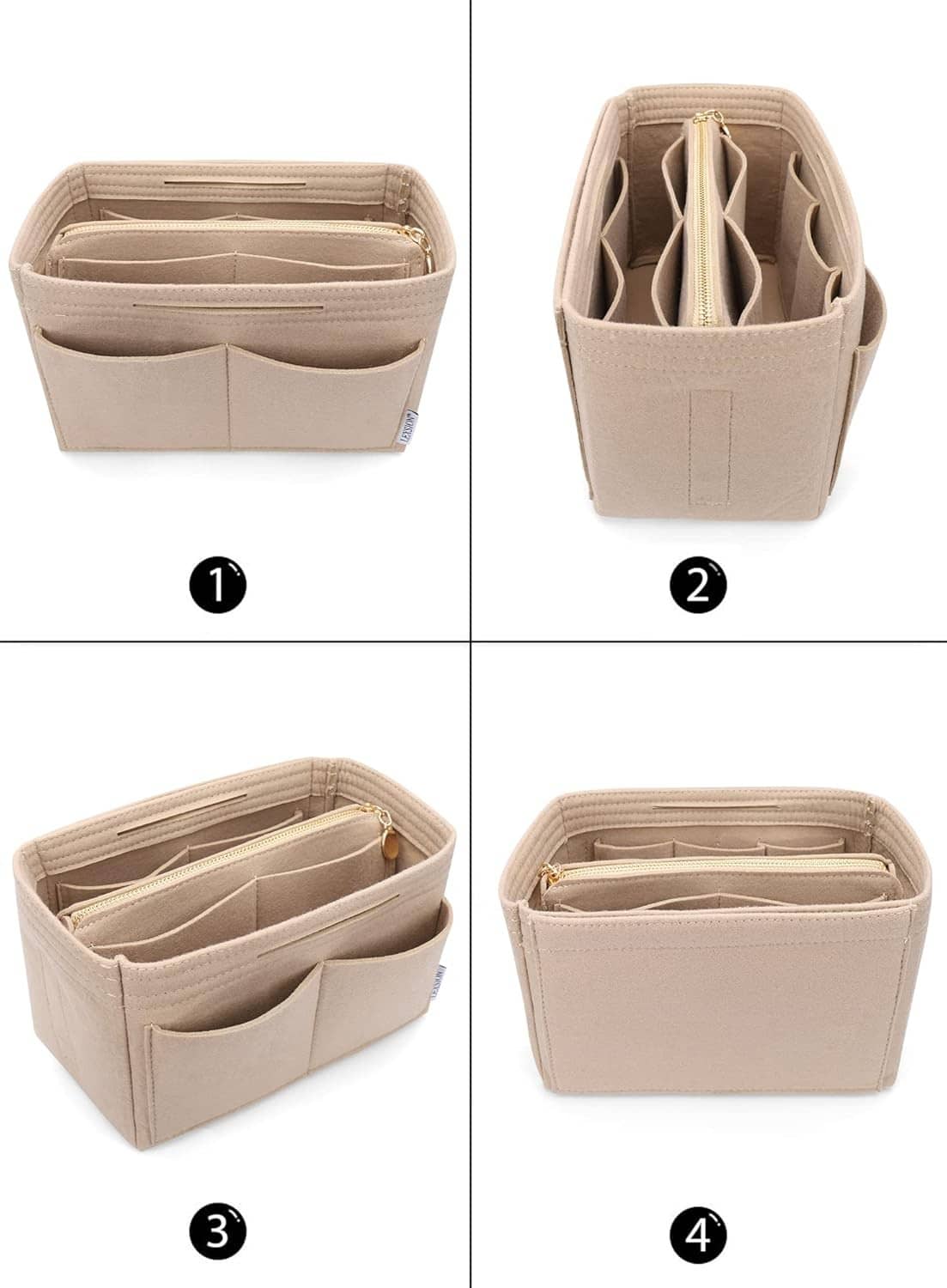 Beige felt purse organizer insert with zipper, showing folded interior pocket sections
