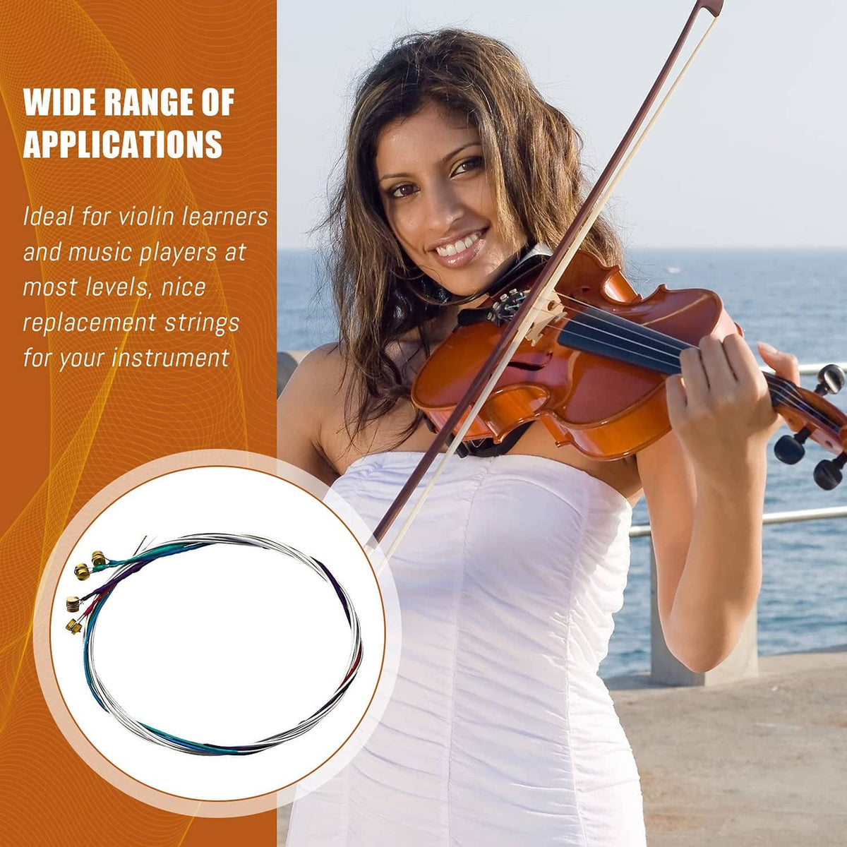 Violin strings with gold winding and colored lengths, shown beside a violin
