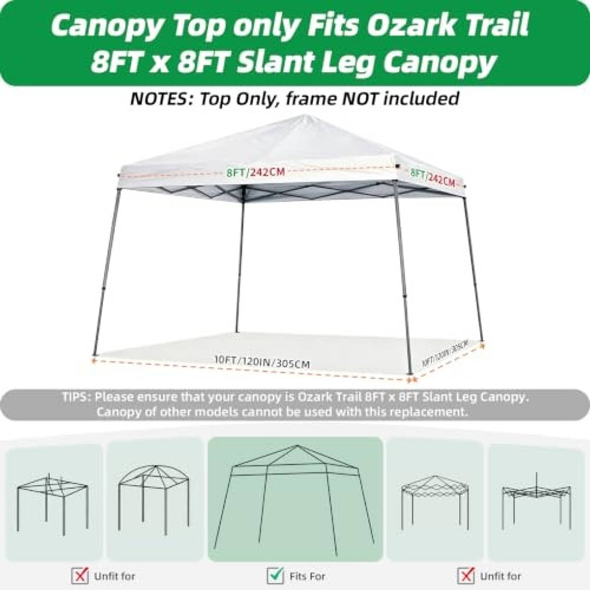 White canopy top replacement cover for 8ft x 8ft slant-leg canopy, frame not included