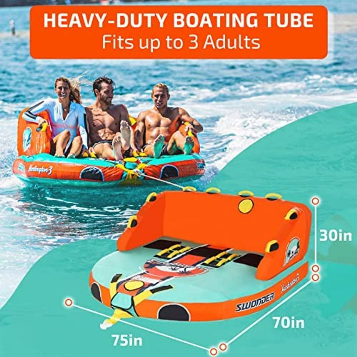 Orange-and-teal 3-person towable boat tube on water with rope connection loops