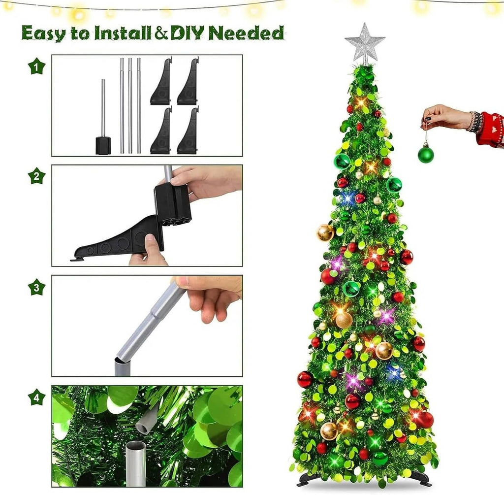 Green pop-up Christmas tree with star topper, LED lights, and multicolor ornaments, assembled