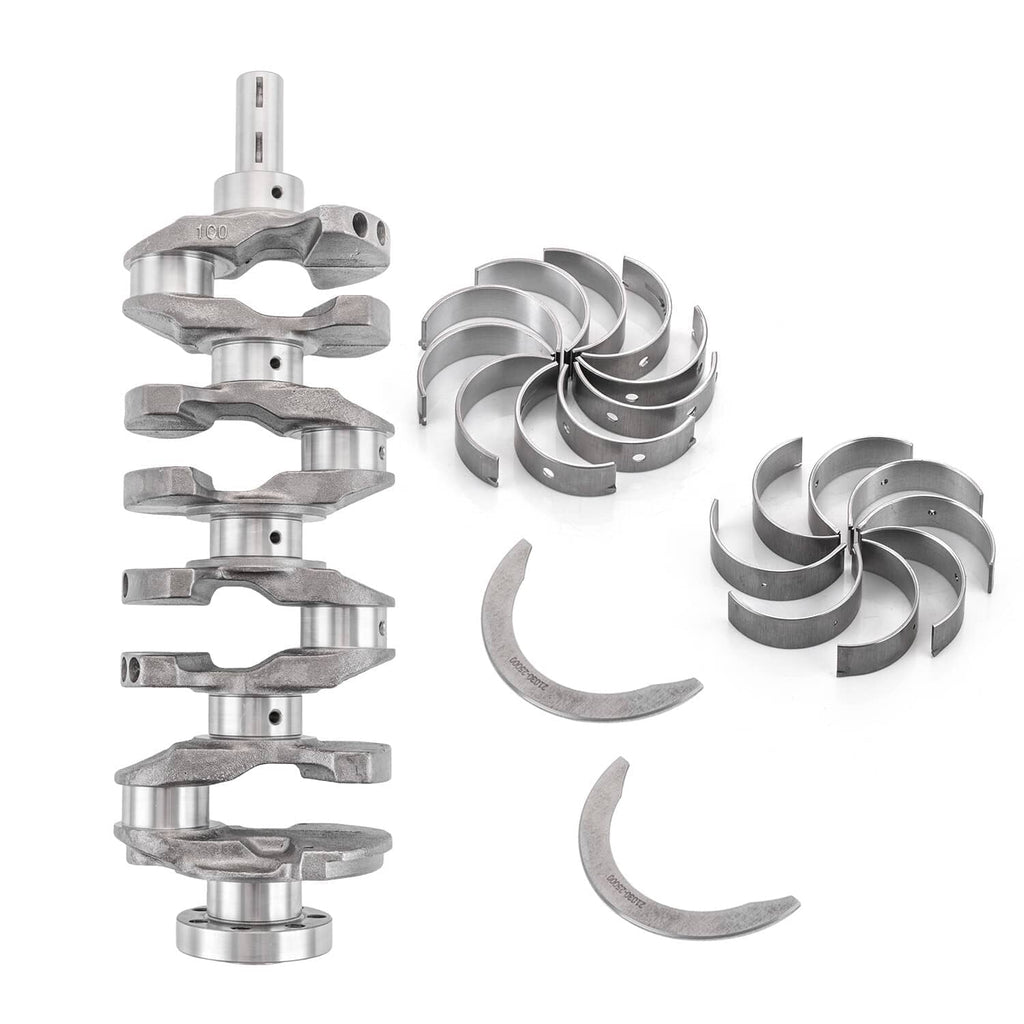 Engine crankshaft and bearing kit with crankshaft and several curved bearing shells