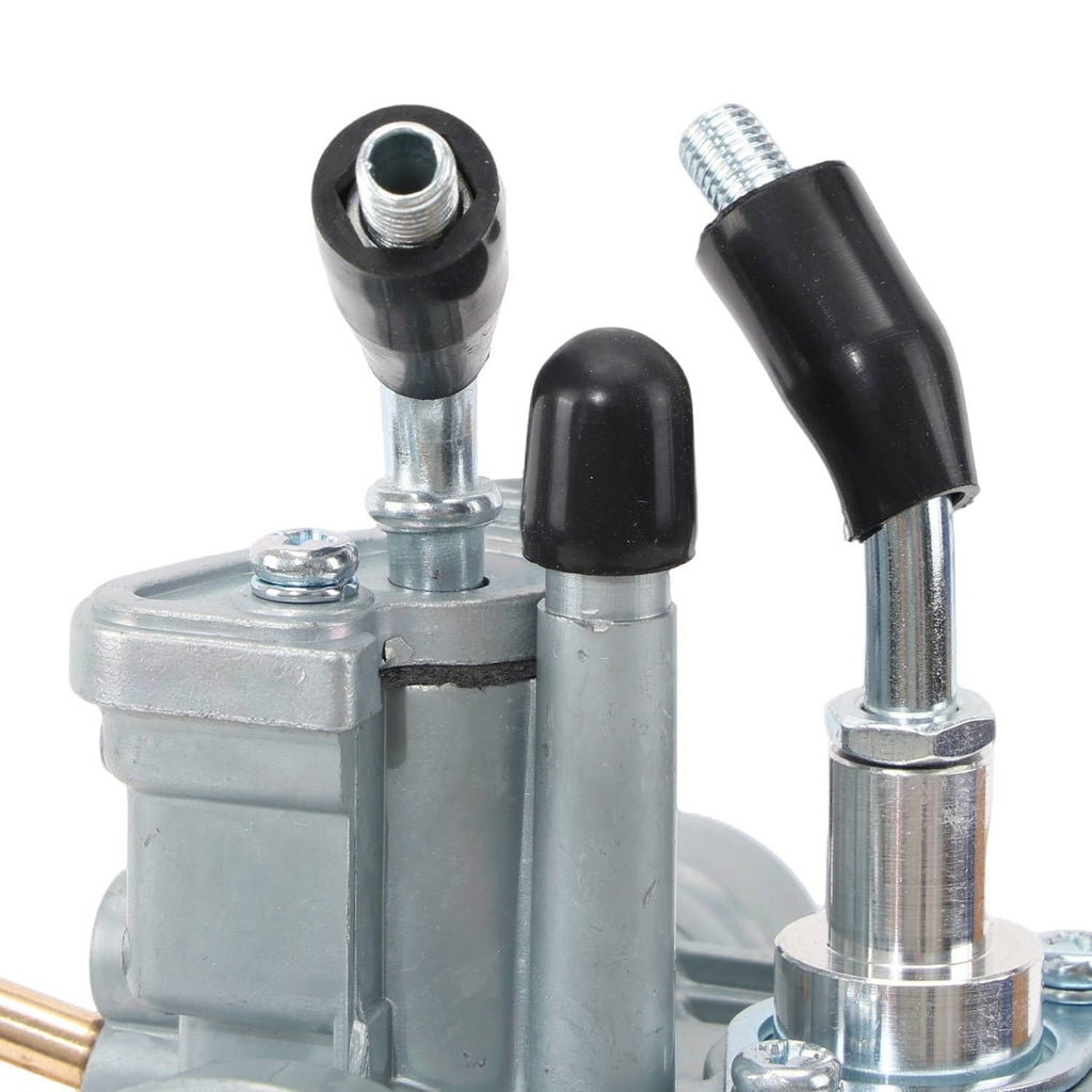 Carburetor top with black hoses, threaded inlet fitting, and chrome mounting stud