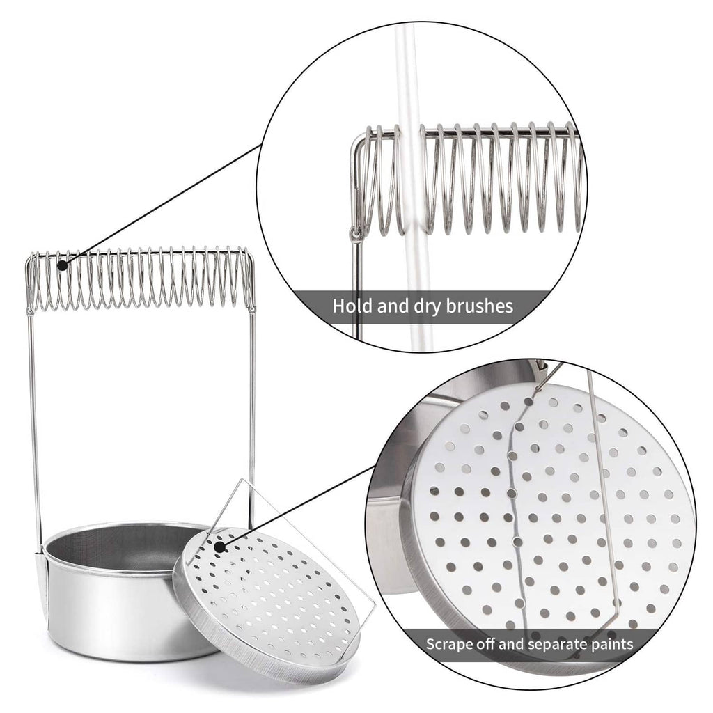 Portable brush washer with wire rack, perforated lid, and drain plate for brushes