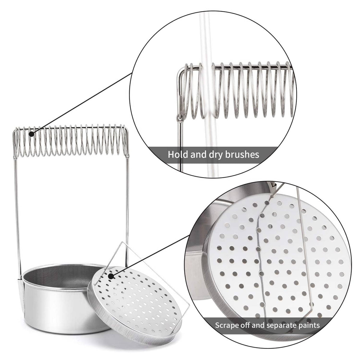 Portable brush washer with wire rack, perforated lid, and drain plate for brushes