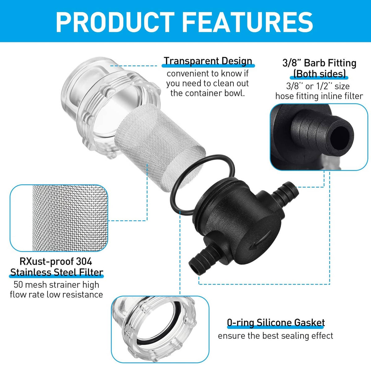 Water pump strainer filter with fine stainless mesh screen and black hose barb ends