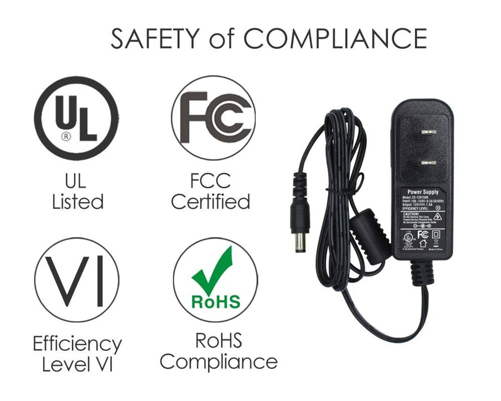 DC power supply adapter with certification icons and 5.5x2.1mm barrel plug cable
