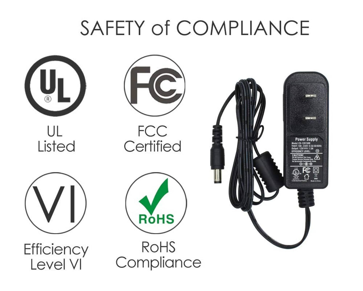 DC power supply adapter with certification icons and 5.5x2.1mm barrel plug cable
